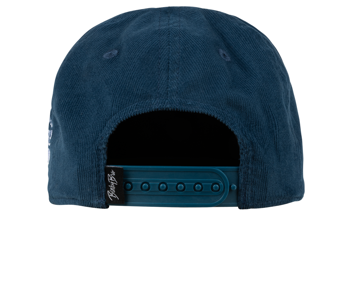 Navy blue corduroy snapback hat featuring an adjustable strap and logo detail on the back. Ideal for kids' casual wear.