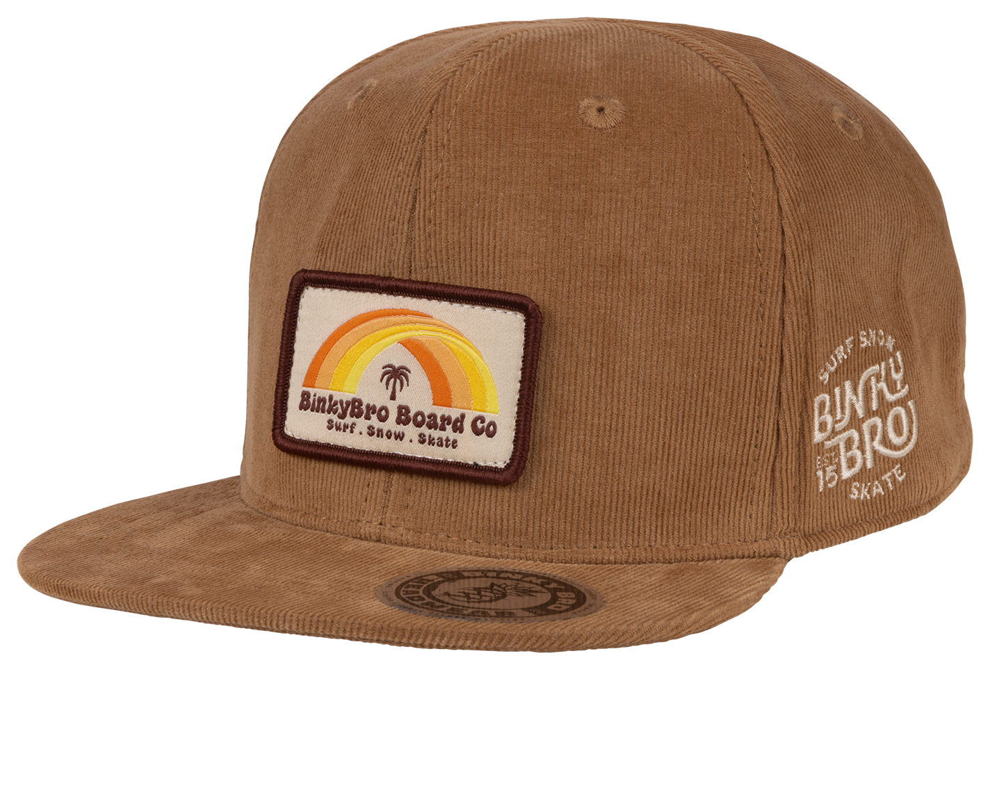 Stylish brown corduroy snapback hat featuring a retro sunset design and BinkyBro Board Co logo, perfect for kids.