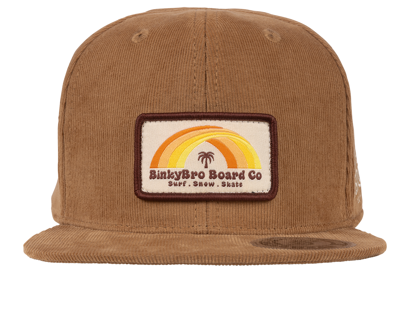 Brown corduroy snapback hat featuring a colorful sunset patch with BinkyBro Board Co logo, ideal for kids' surf and skate style.