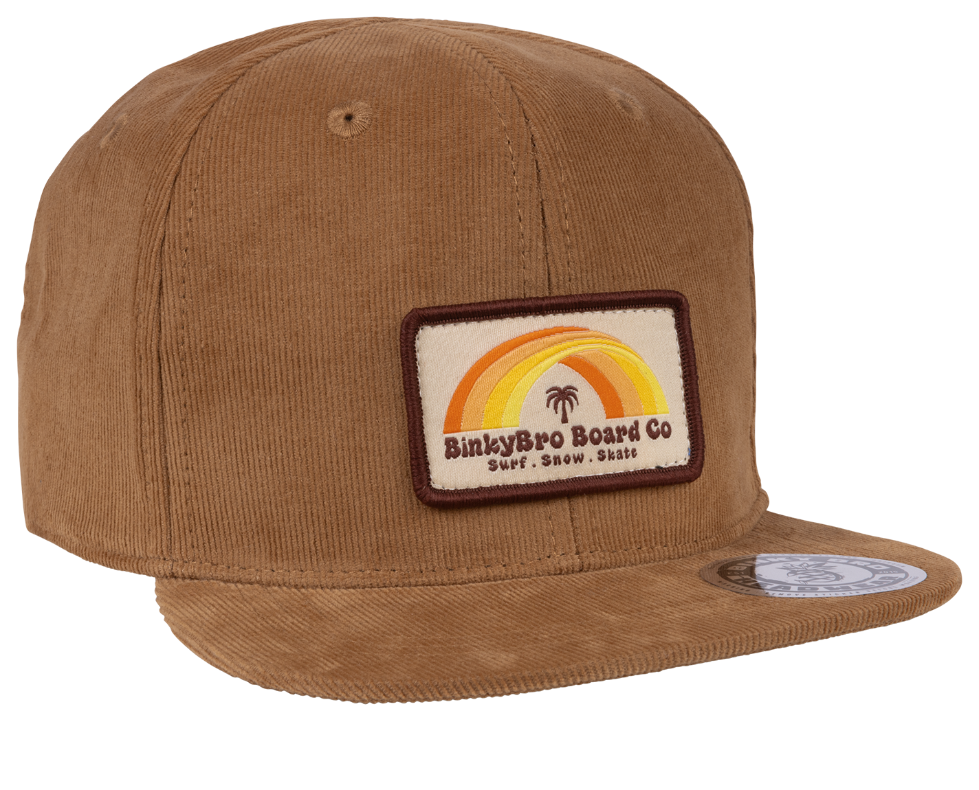 Brown corduroy snapback hat featuring a retro-style patch with a rainbow and palm tree, perfect for kids' surf and skate style.