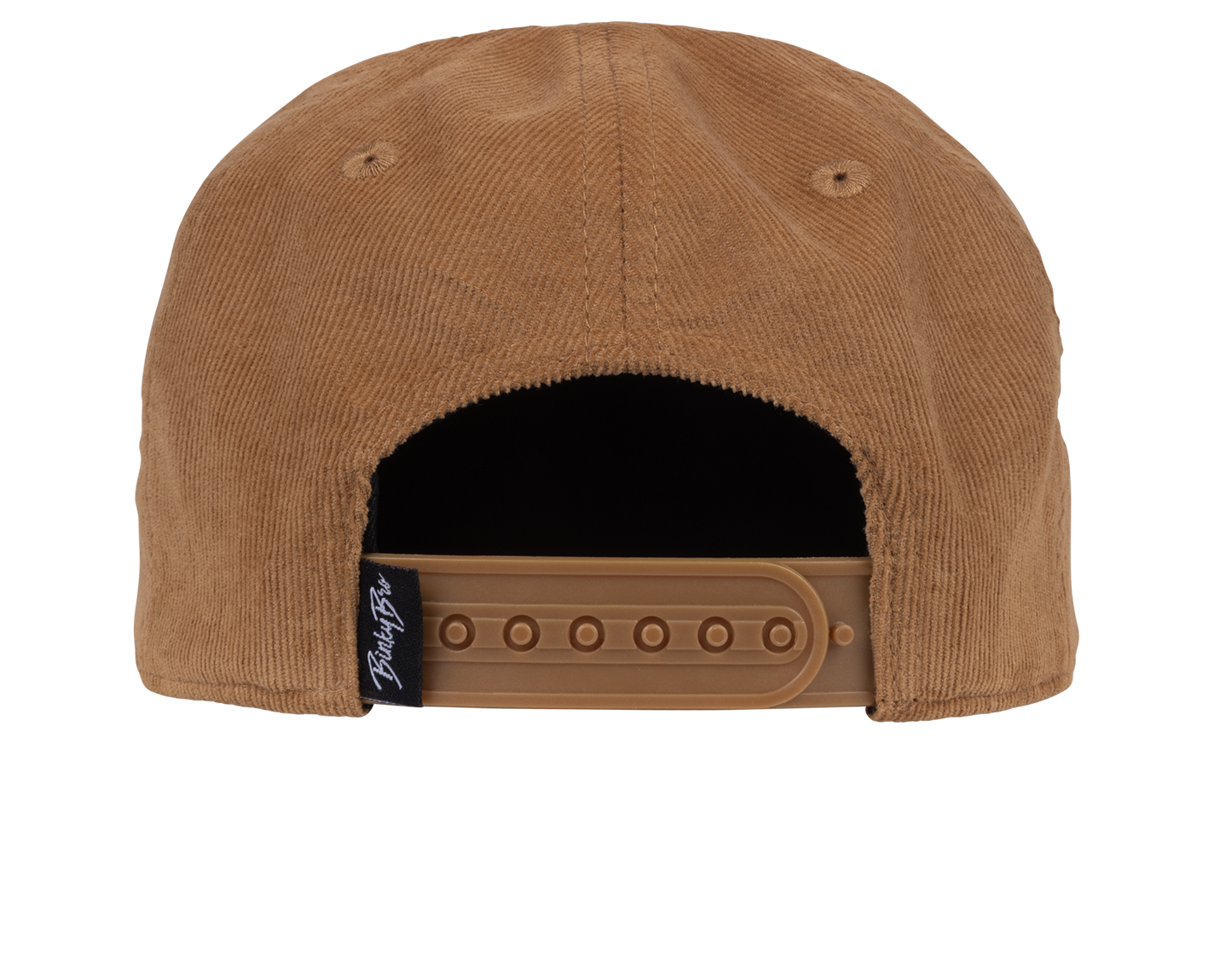 Back view of a brown corduroy snapback hat featuring an adjustable strap and a branded tag.
