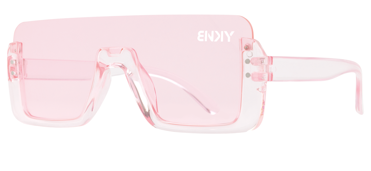 Stylish pink oversized sunglasses with a clear frame, perfect for a trendy look in sunny weather. Ideal for kids and youth.