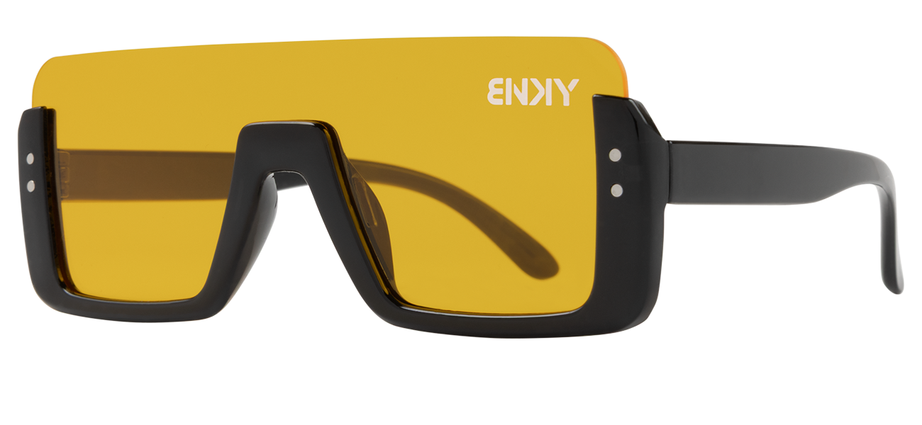 Stylish yellow-tinted sunglasses with a bold black frame, perfect for outdoor adventures and a trendy look.