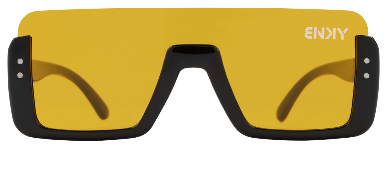 Stylish yellow sunglasses with a bold black frame, perfect for outdoor adventures and a trendy look.