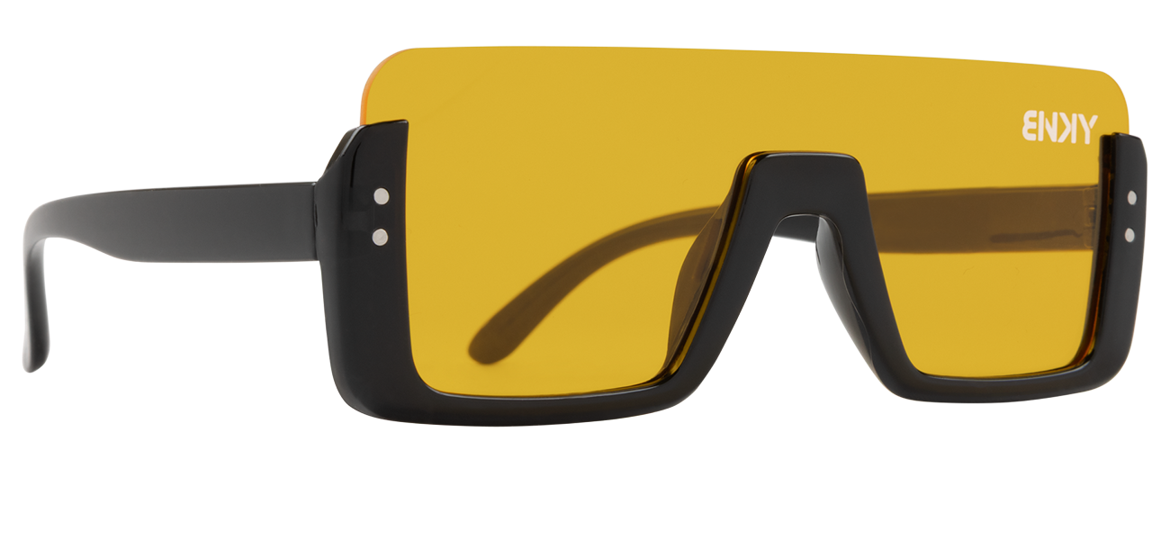 Stylish yellow sunglasses with a bold black frame, perfect for adding a trendy touch to any outfit. Ideal for outdoor adventures.