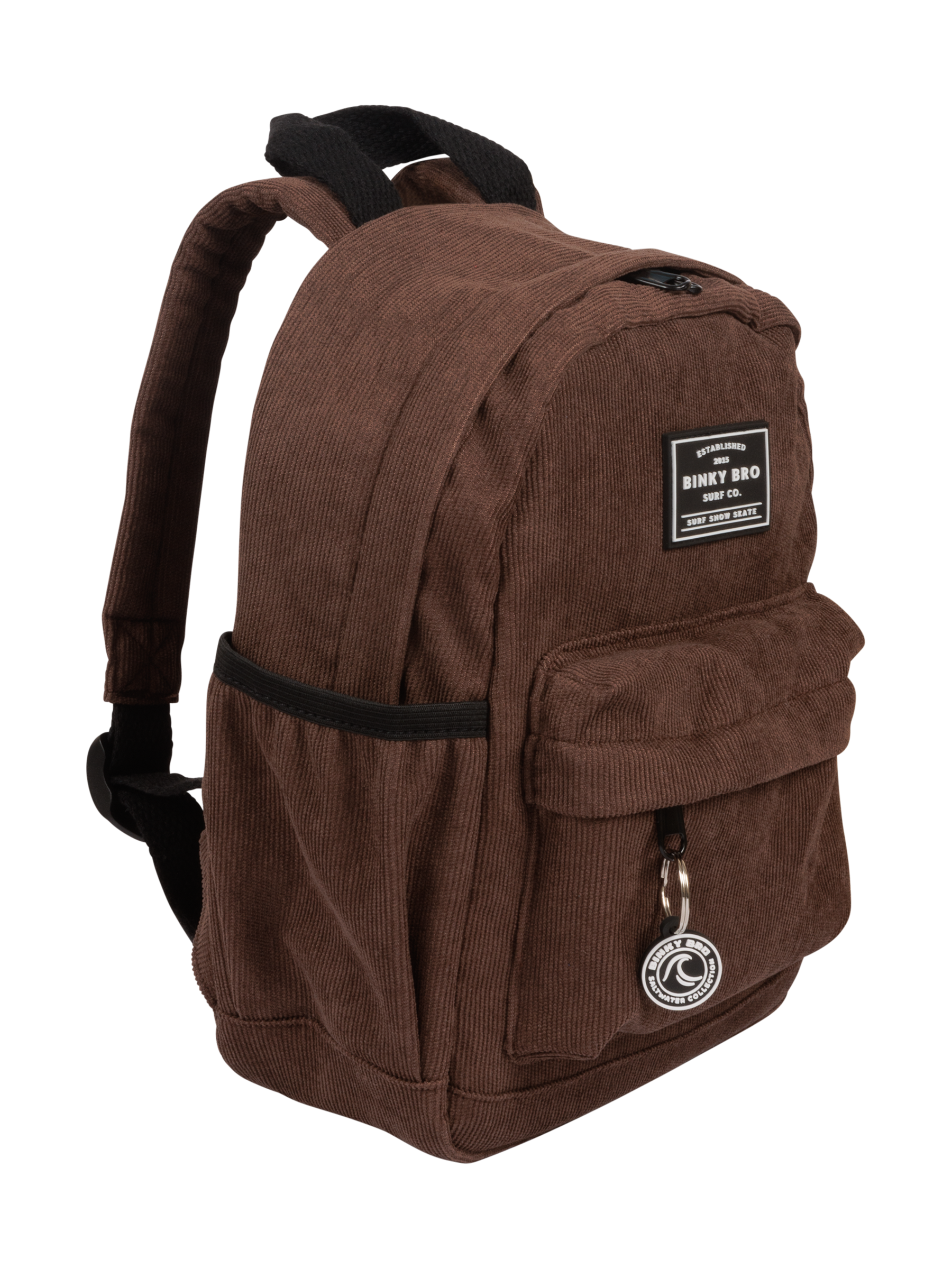 Stylish mocha cord backpack with adjustable straps and front pocket, perfect for kids' everyday adventures.
