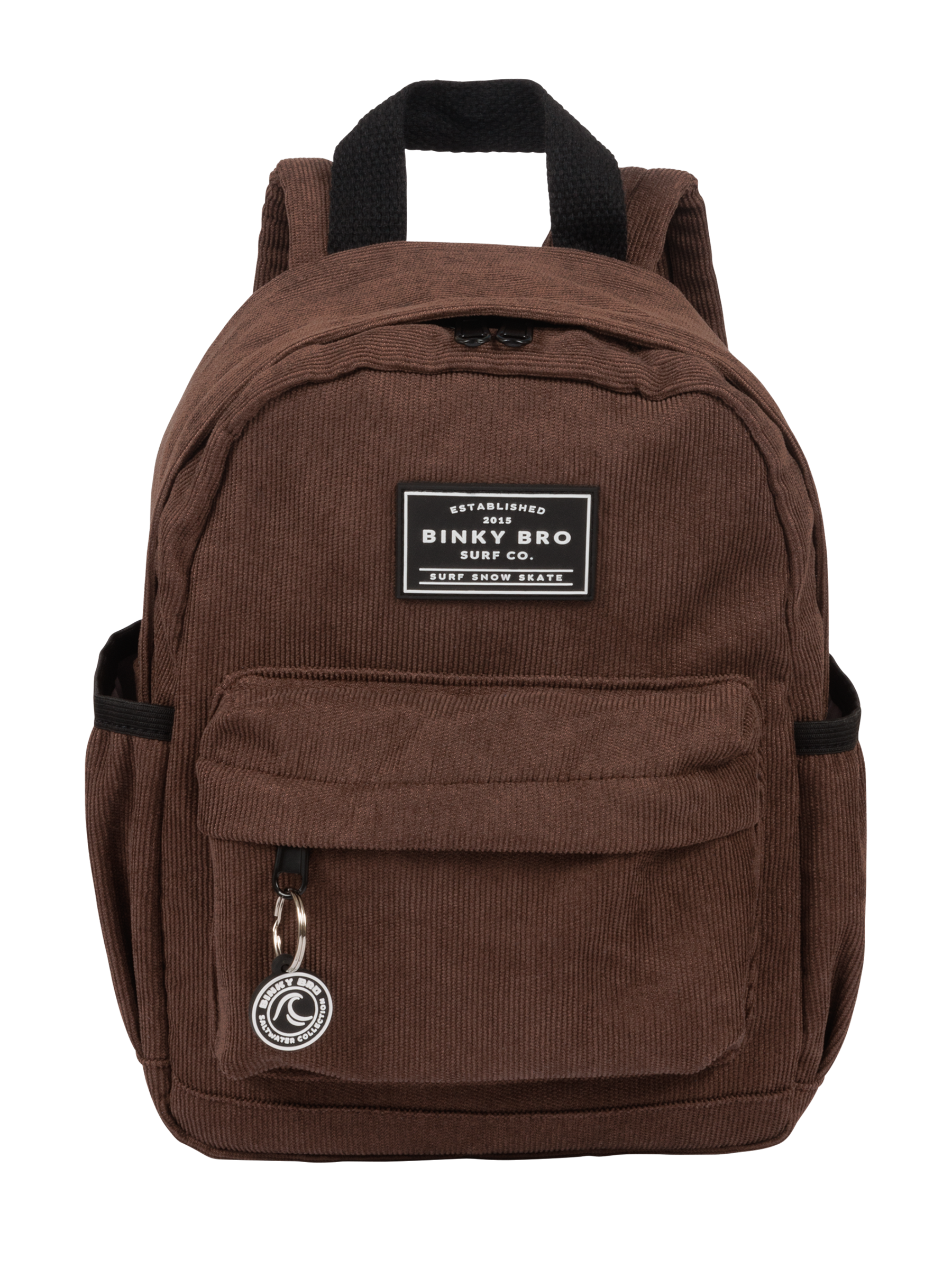 Mocha corduroy backpack from BinkyBro featuring a front pocket and logo patch, perfect for kids' stylish adventures.