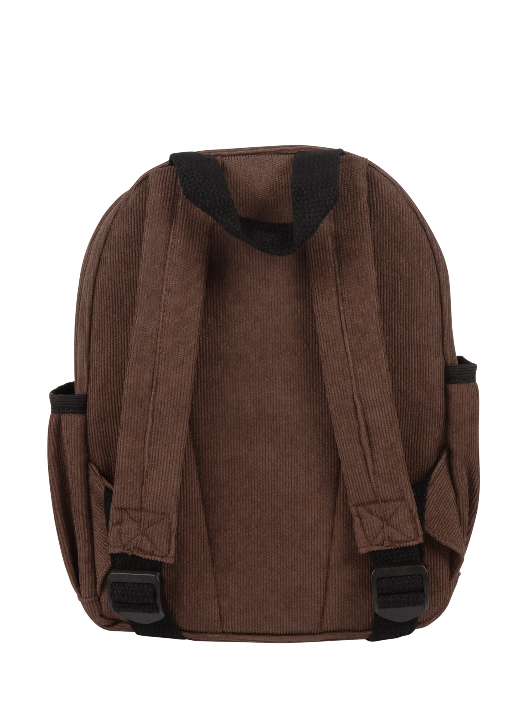 Mocha corduroy backpack featuring adjustable straps and side pockets, perfect for kids' everyday adventures.