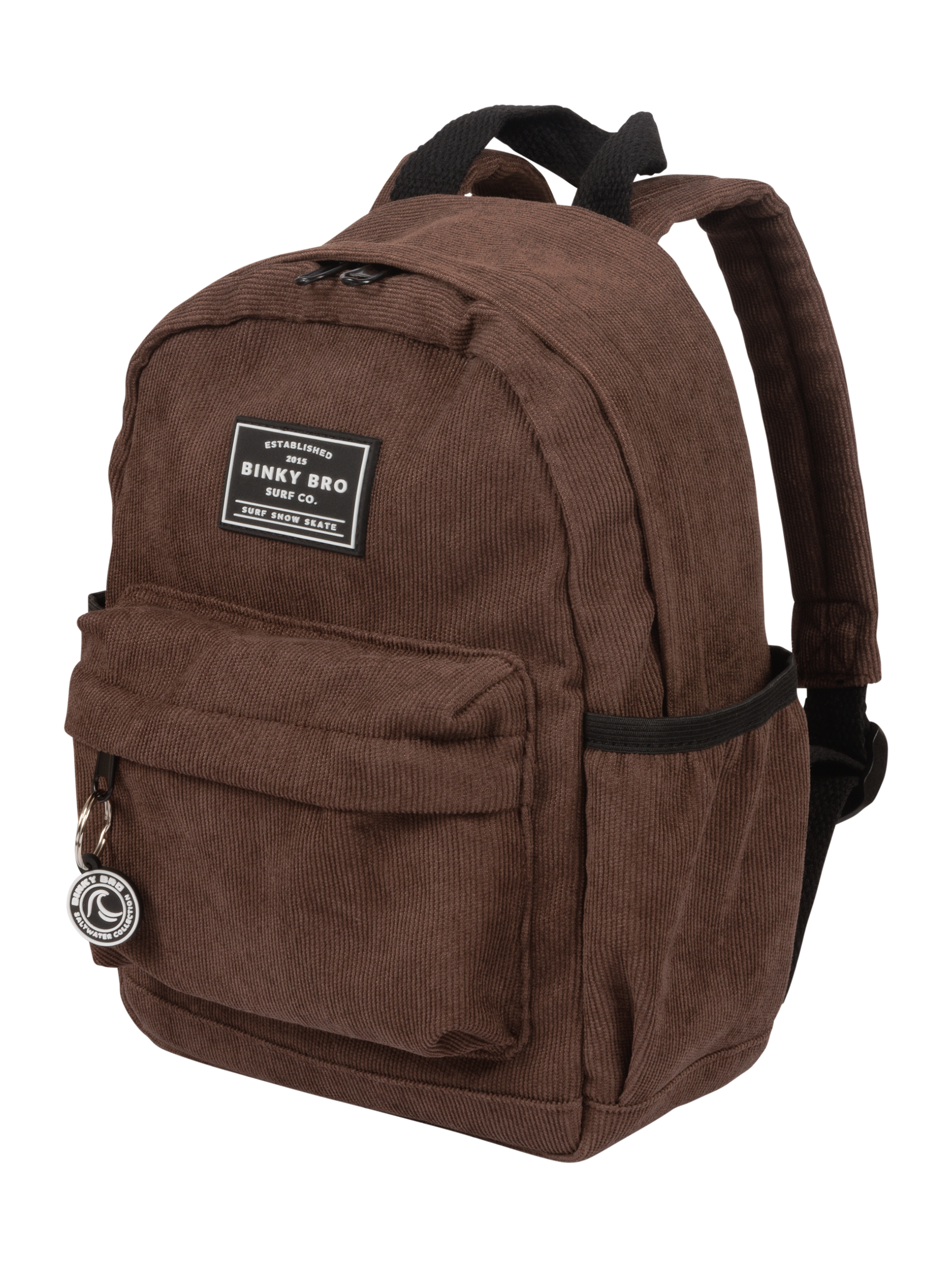 Mocha corduroy backpack with a front pocket and adjustable straps, designed for kids' stylish everyday use.