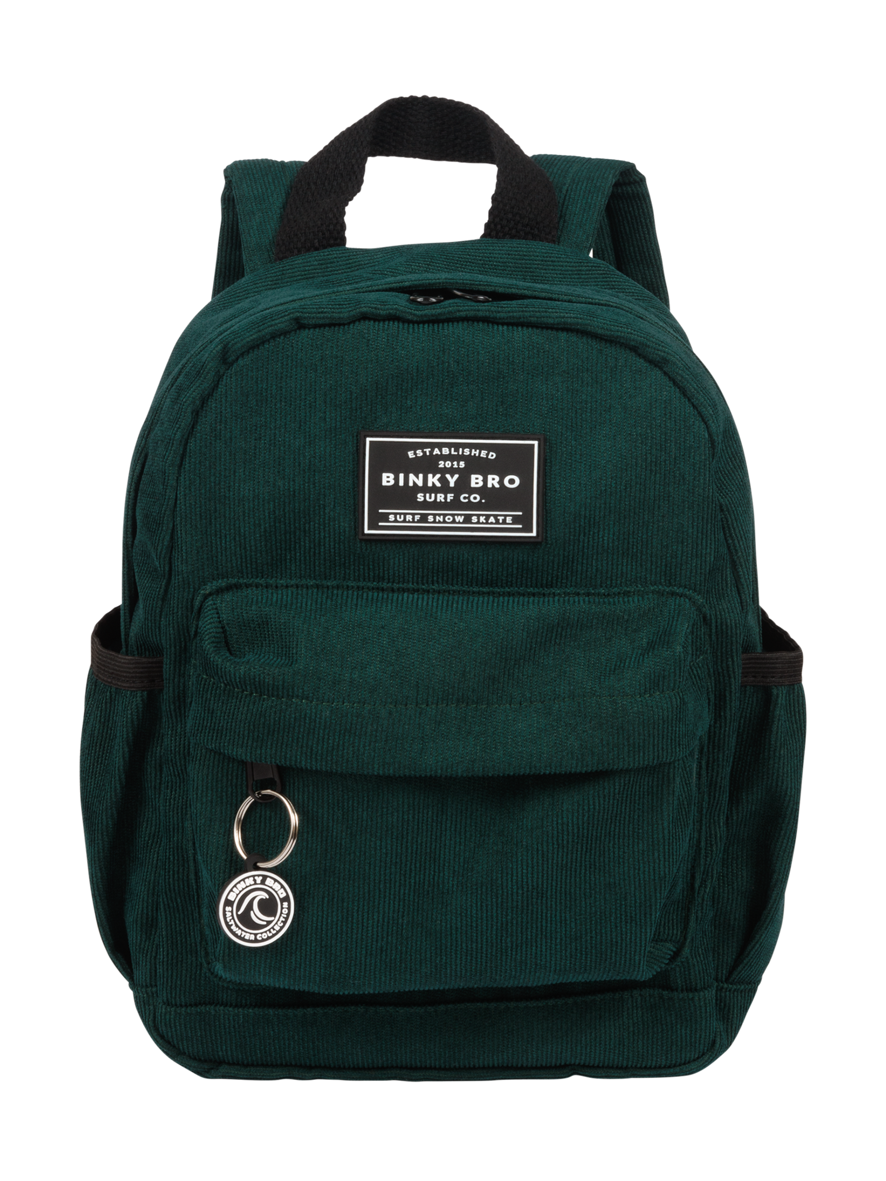 Stylish evergreen cord backpack with a front pocket and Binky Bro logo, perfect for kids' everyday adventures.