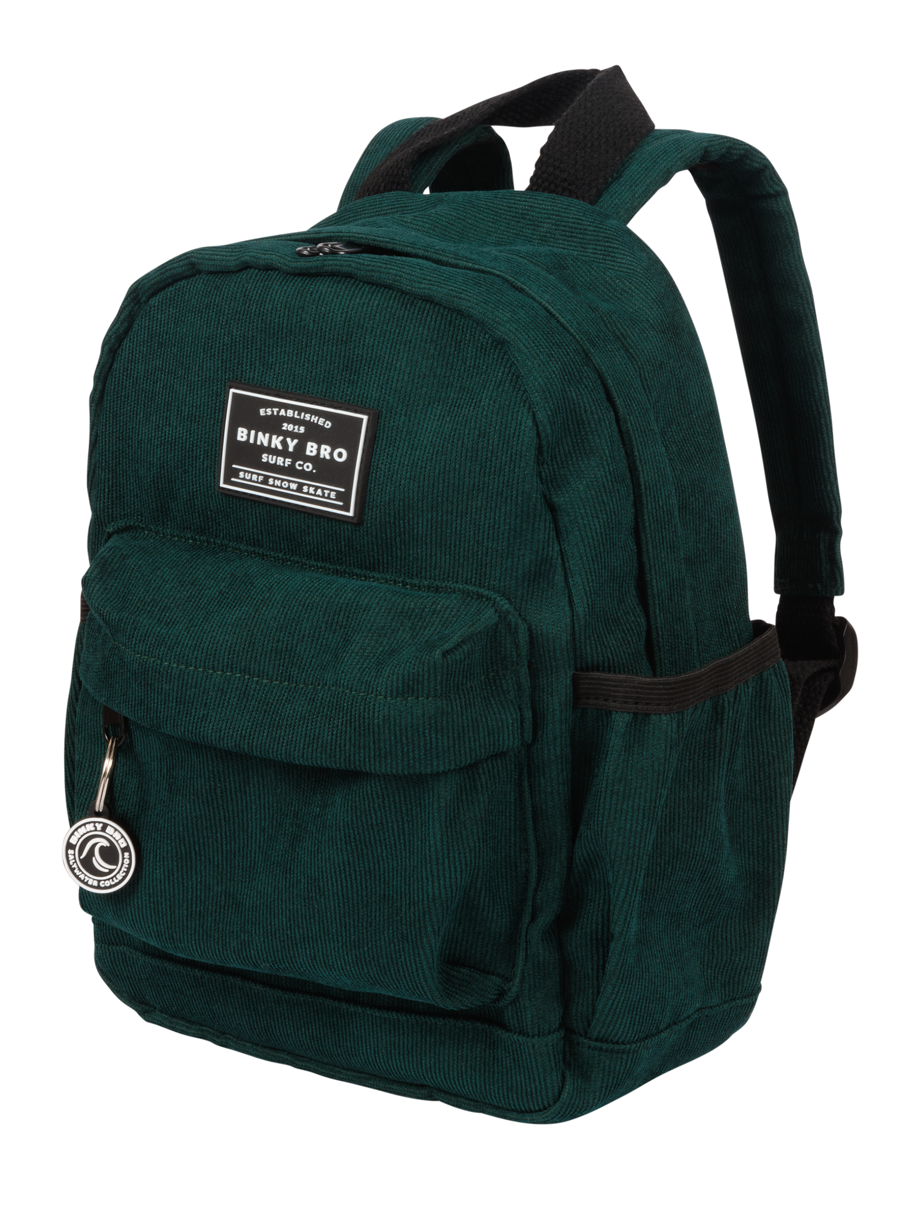 Stylish evergreen cord backpack featuring a logo patch, adjustable straps, and multiple pockets for kids and youth.