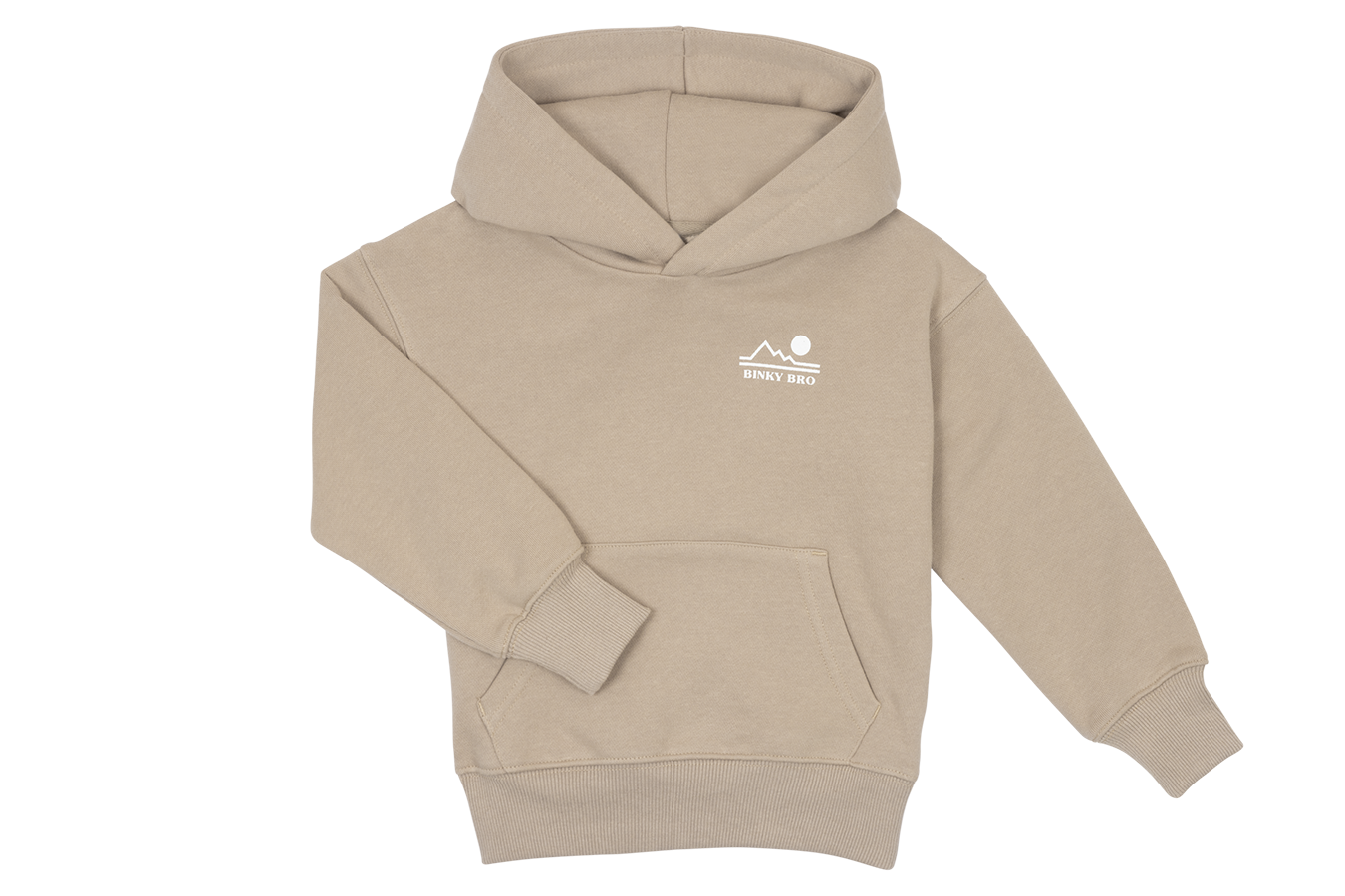 Light beige hoodie for kids with a front pocket and a simple logo featuring a sun and mountains. Perfect for stylish comfort.