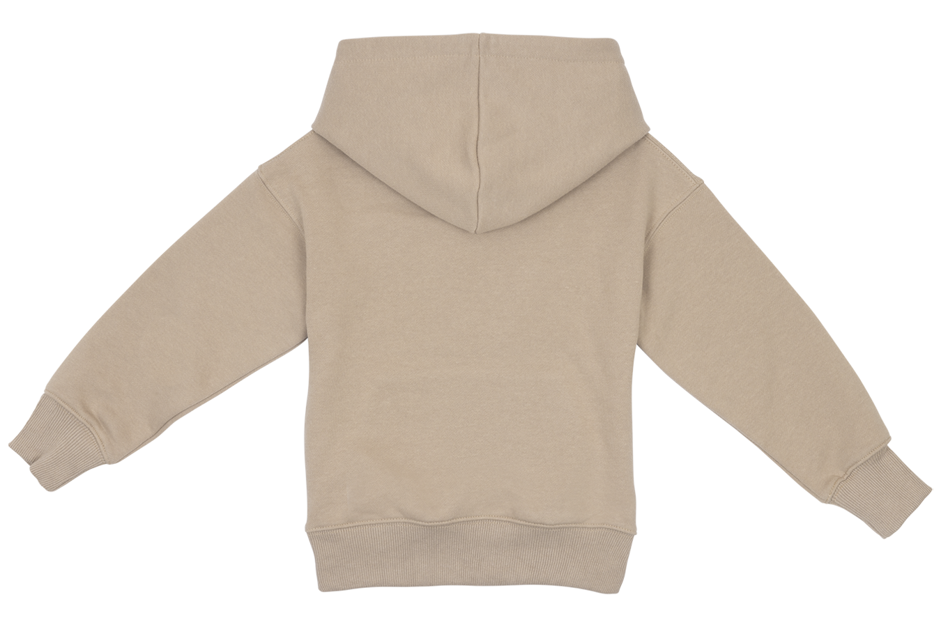 Light beige children's hoodie with a back view, featuring a spacious hood and ribbed cuffs, perfect for casual wear.