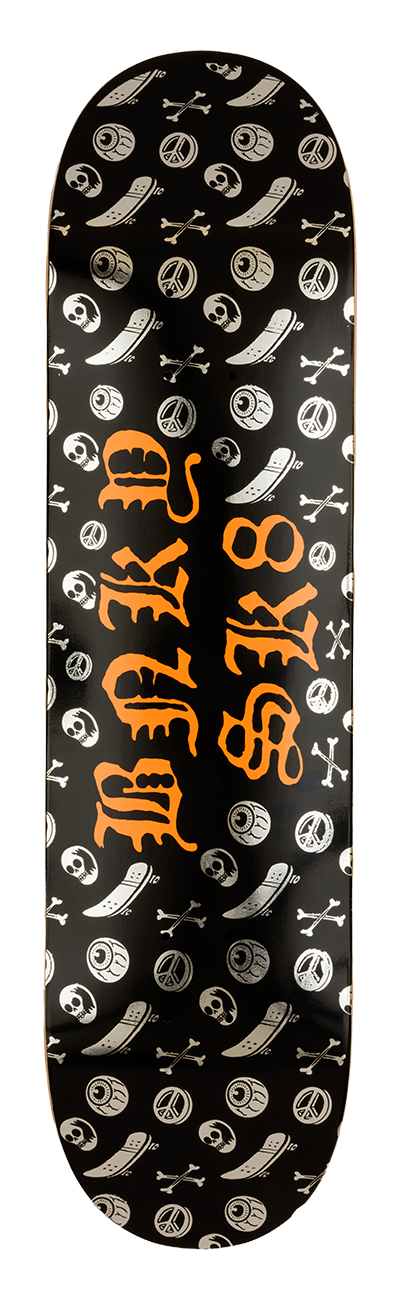 Derby skateboard deck featuring a black background with orange lettering and a pattern of skate-related graphics.
