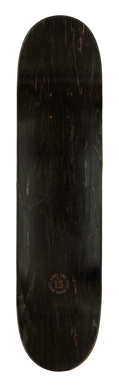 Derby skateboard deck featuring a sleek black finish with a natural wood grain pattern, designed for stylish skating.