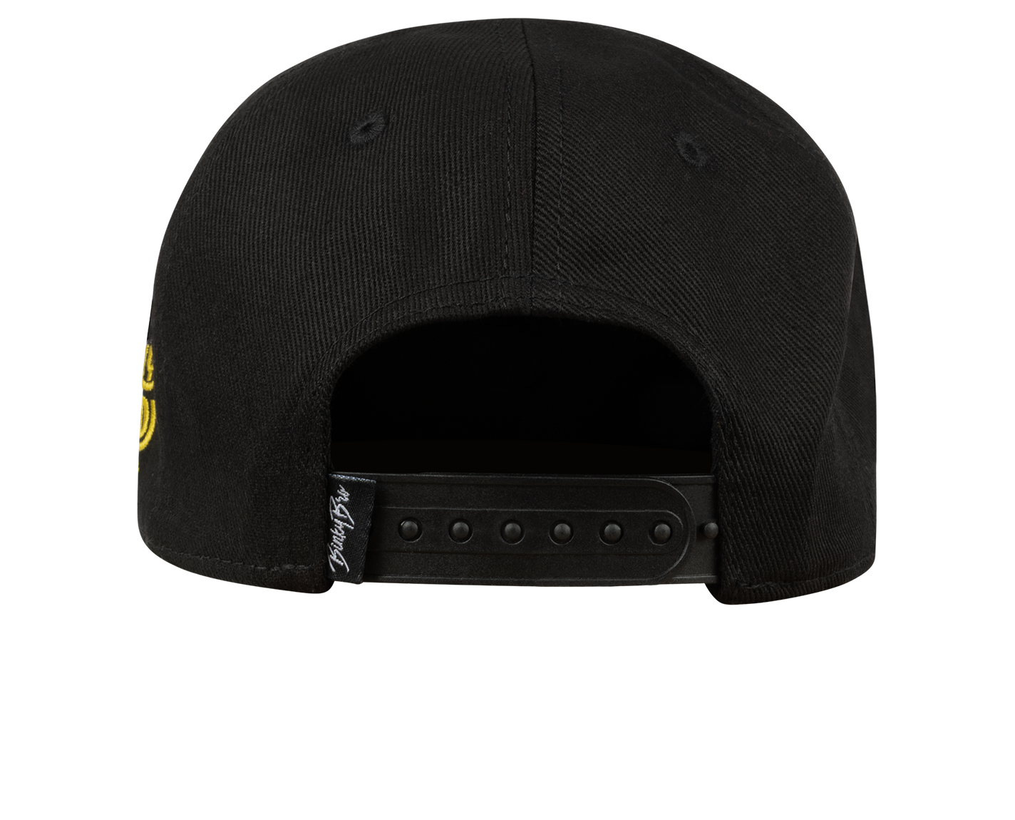 Black snapback hat with a yellow logo on the back, featuring an adjustable strap for a custom fit.