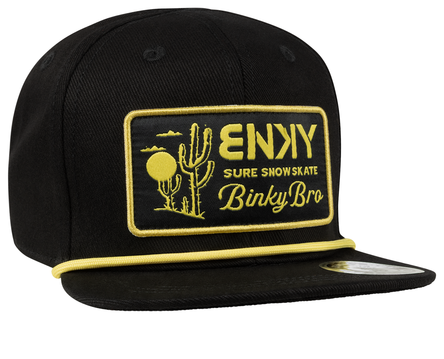 Black snapback hat featuring a yellow embroidered patch with desert graphics and "Binky Bro" branding.