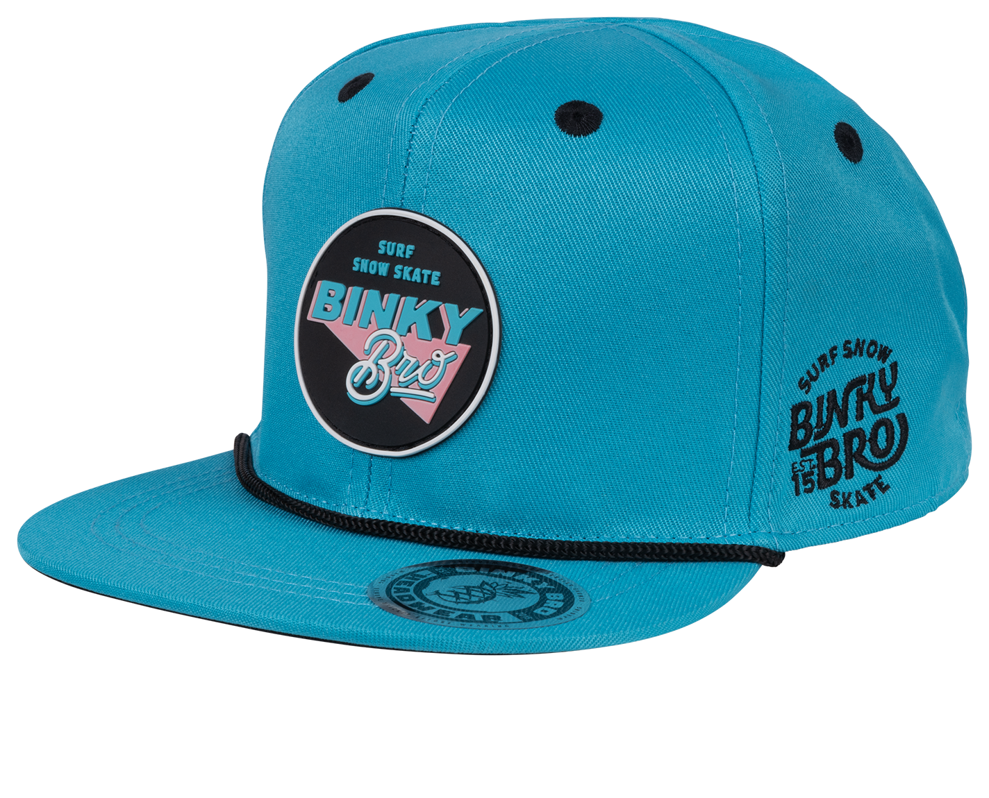 Turquoise snapback hat featuring a bold BinkyBro logo and surf-snow-skate design, perfect for stylish kids.