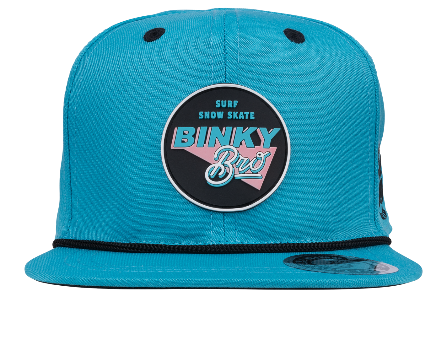 Turquoise snapback hat featuring a bold BinkyBro logo, designed for a stylish surf-snow-skate lifestyle for kids.
