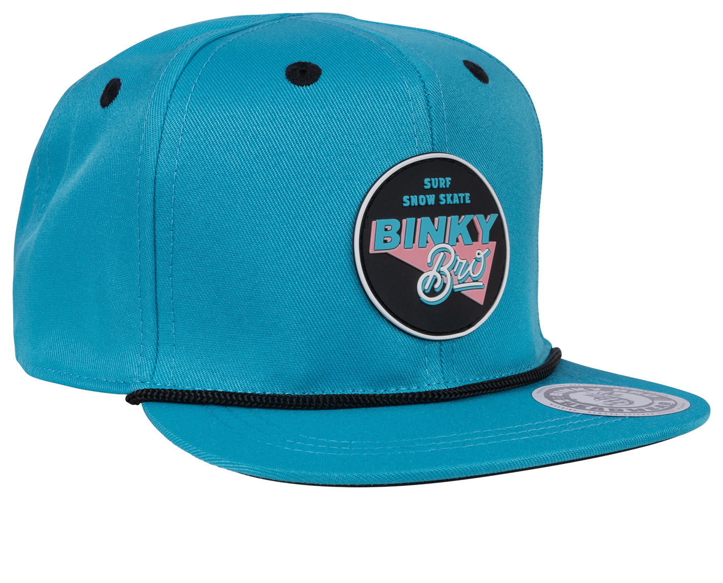Turquoise snapback hat featuring a bold BinkyBro logo, designed for stylish infants and toddlers with a surf-snow-skate vibe.