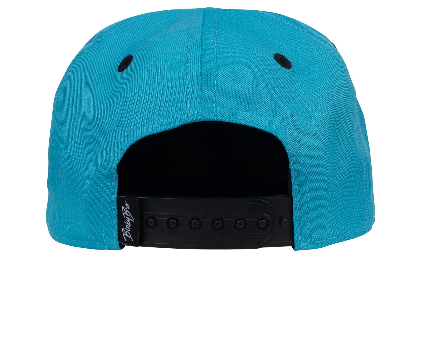 Back view of a turquoise snapback hat featuring a black adjustable strap, designed for stylish youth apparel.