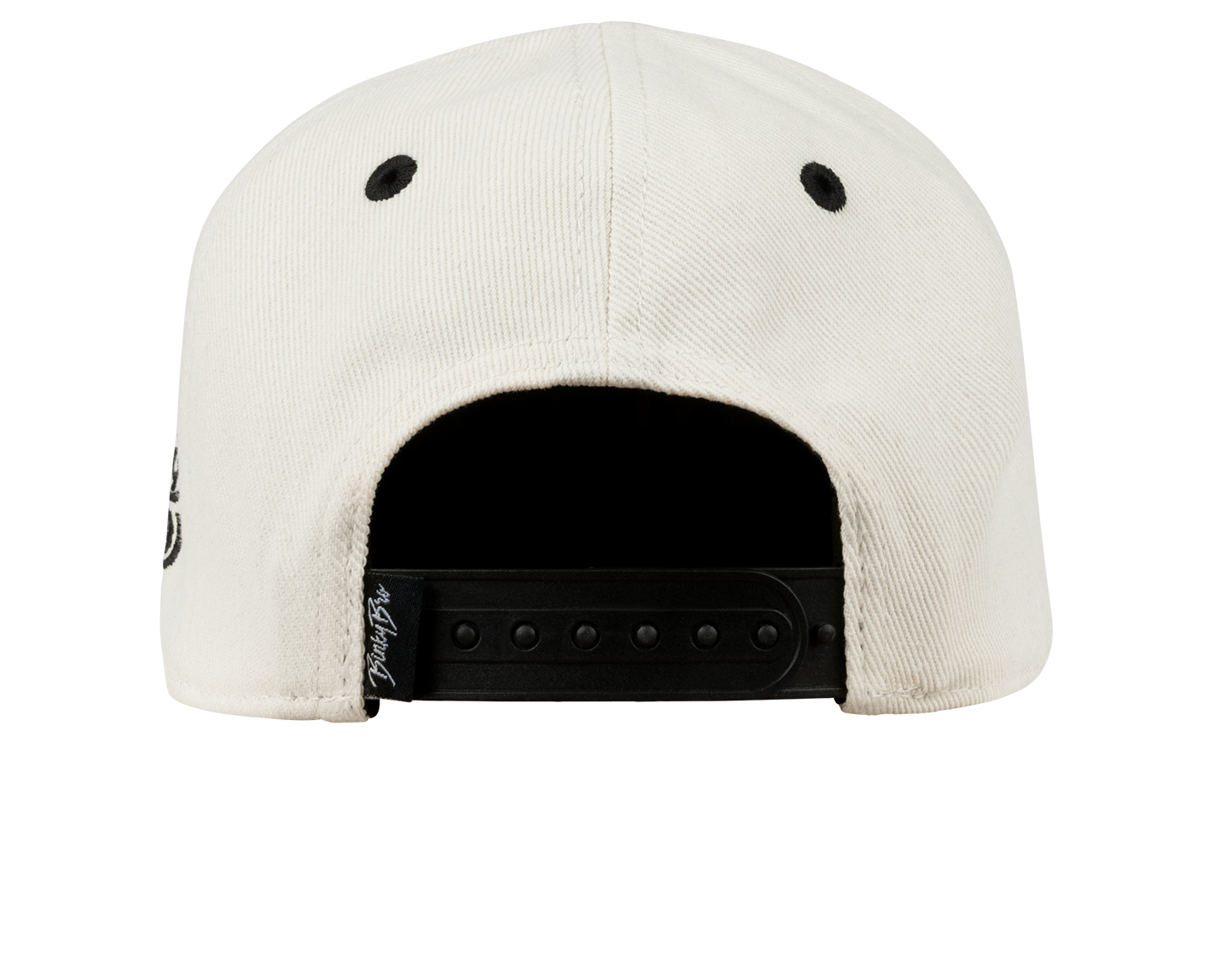 Back view of the Durban SB snapback hat in cream with a black adjustable strap and ventilation holes.