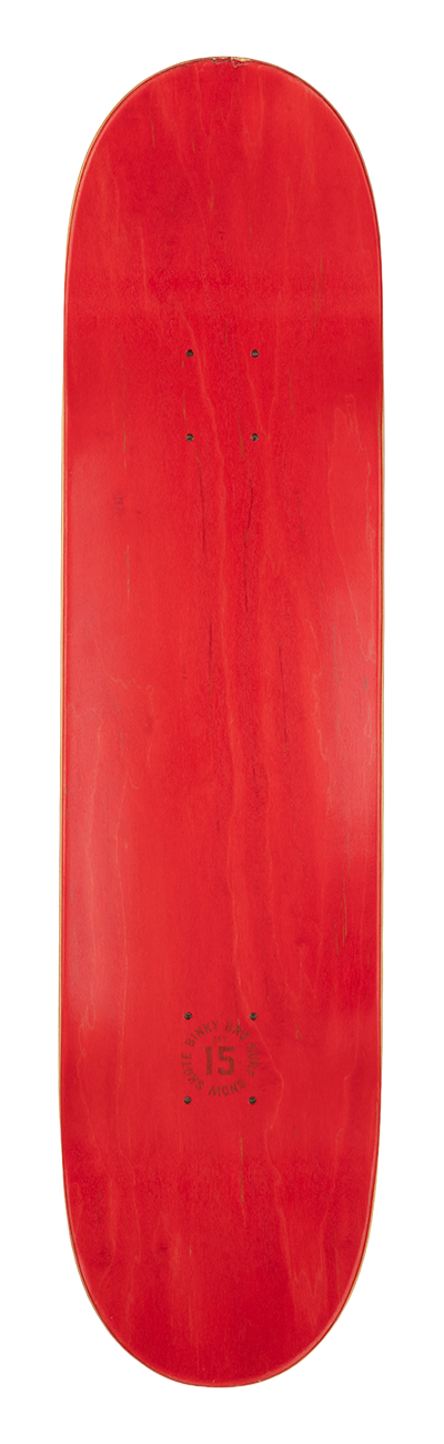 Red skateboard deck featuring a smooth finish and minimalistic design, ideal for skate enthusiasts and collectors.
