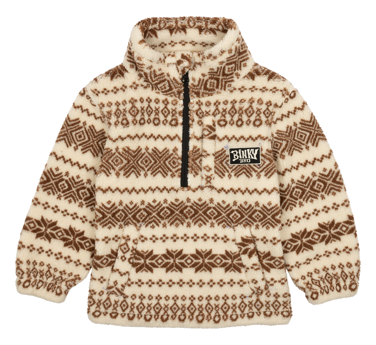 Cozy luxury fleece pullover with a brown and cream geometric pattern, featuring a zip collar and BinkyBro logo.