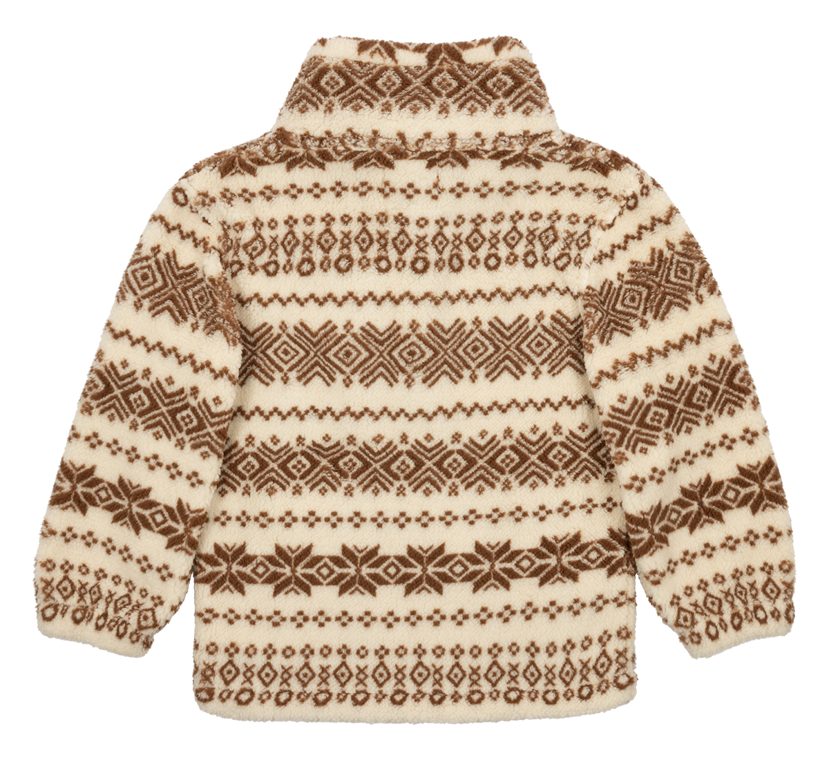 Cozy luxury fleece jacket featuring a brown and cream geometric pattern, perfect for stylish warmth in cooler weather.