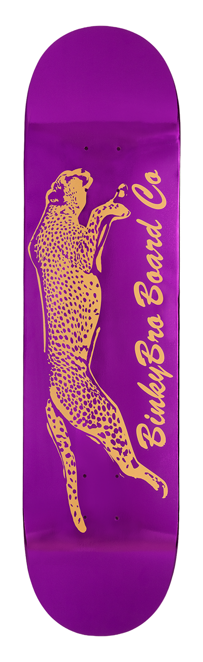 Purple skateboard deck featuring a leaping leopard graphic and "BinkyBro Board Co" text in bold yellow.