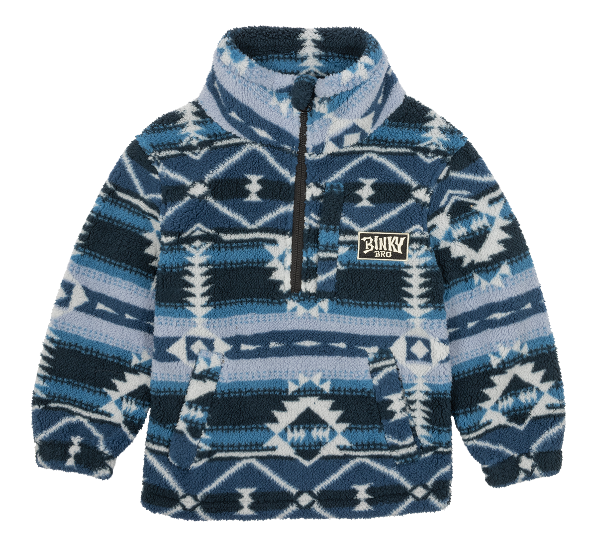 Cozy blue and navy fleece pullover with a half-zip and tribal pattern, featuring the BinkyBro logo on the chest.
