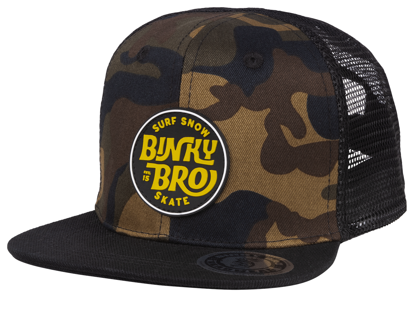 Flat Top snapback hat in camouflage print with a bold BinkyBro logo, designed for stylish kids' surf and skate lifestyle.