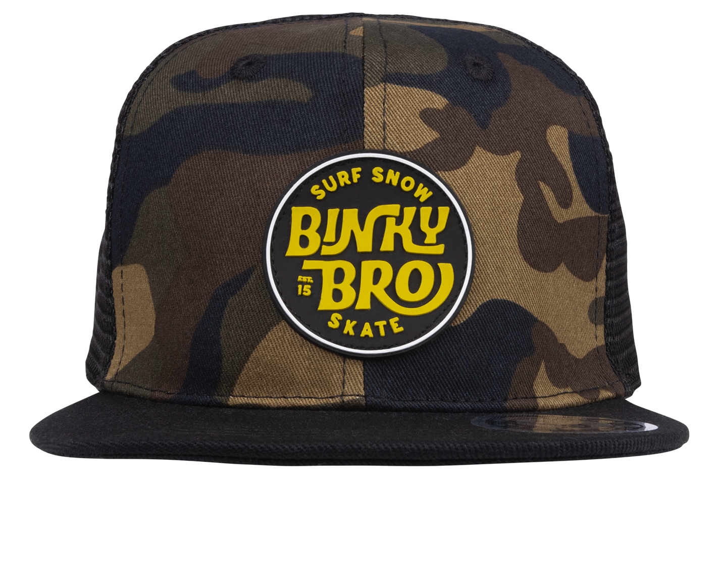 Camo flat top snapback hat featuring a bold BinkyBro logo, perfect for stylish kids embracing surf and skate culture.