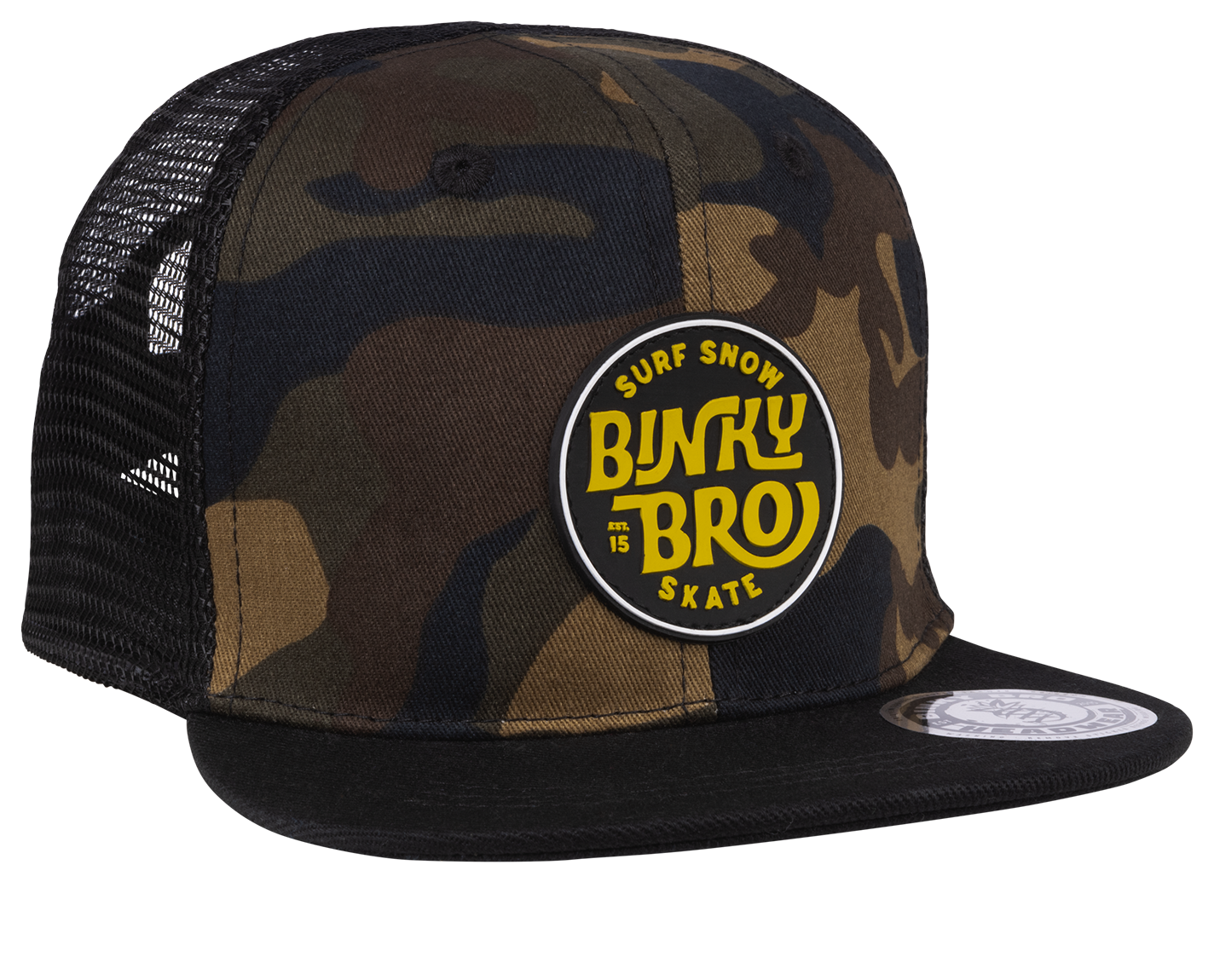 Camo flat top snapback hat with a black brim and a round logo featuring BinkyBro Surf Snow Skate. Perfect for stylish kids.