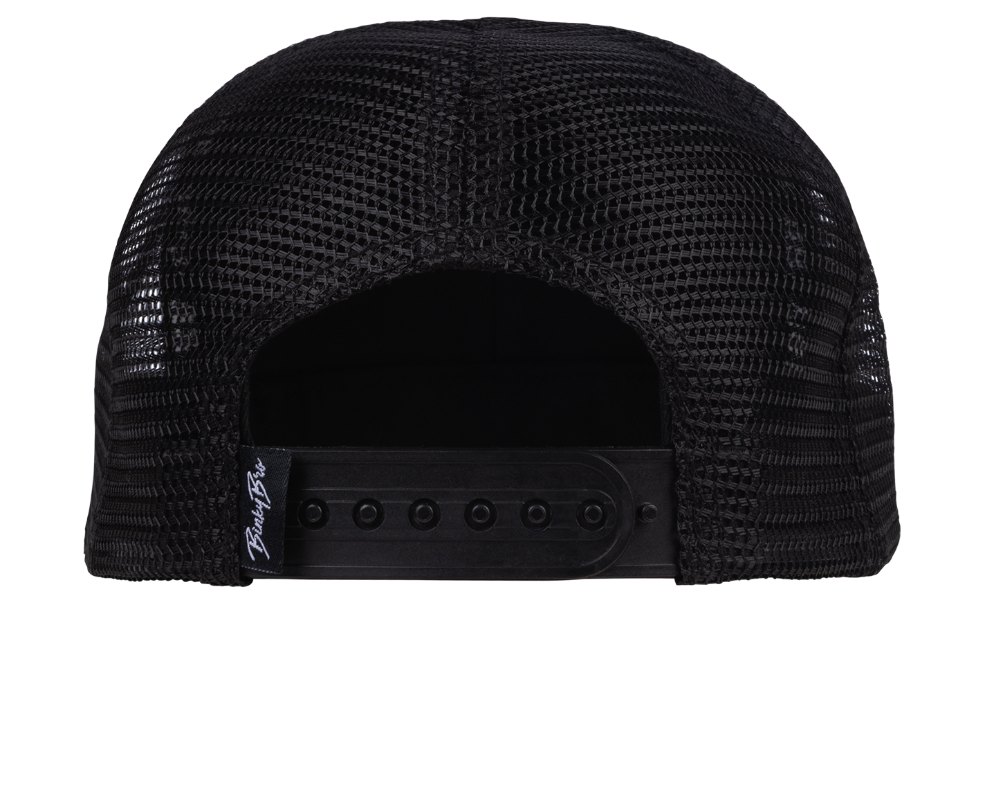 Black mesh flat top snapback hat featuring an adjustable strap at the back, designed for stylish youth wear.