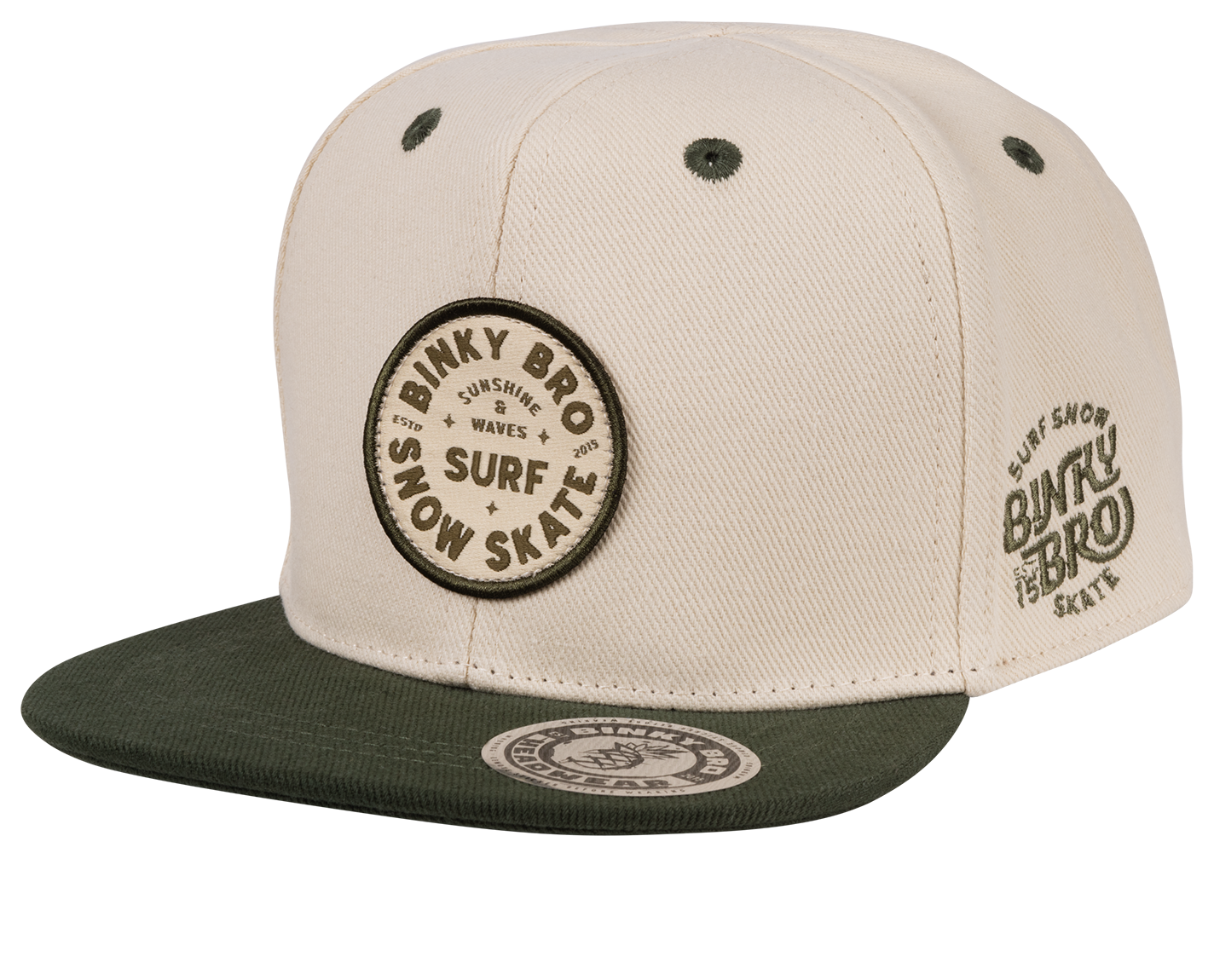 Stylish snapback hat in cream and green featuring Binky Bro logo, perfect for infants and toddlers embracing surf and skate culture.