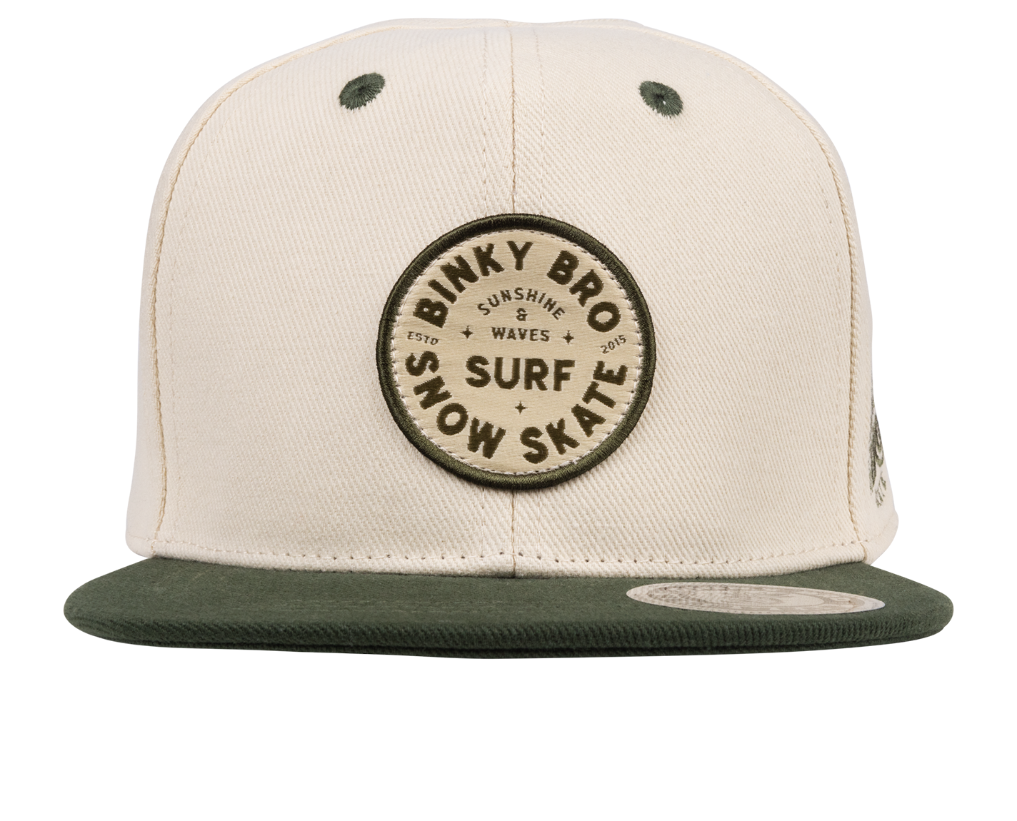 Stylish Fletch snapback hat with a cream crown and green brim, featuring a circular BinkyBro logo for surf and skate enthusiasts.