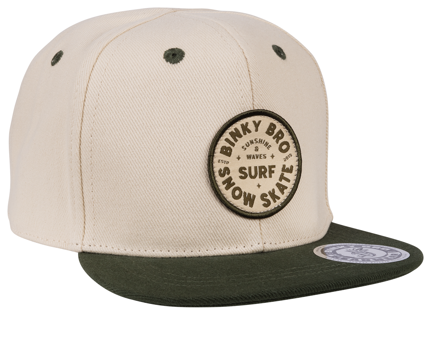 Stylish beige snapback hat with a green brim and BinkyBro logo, perfect for infants and toddlers.