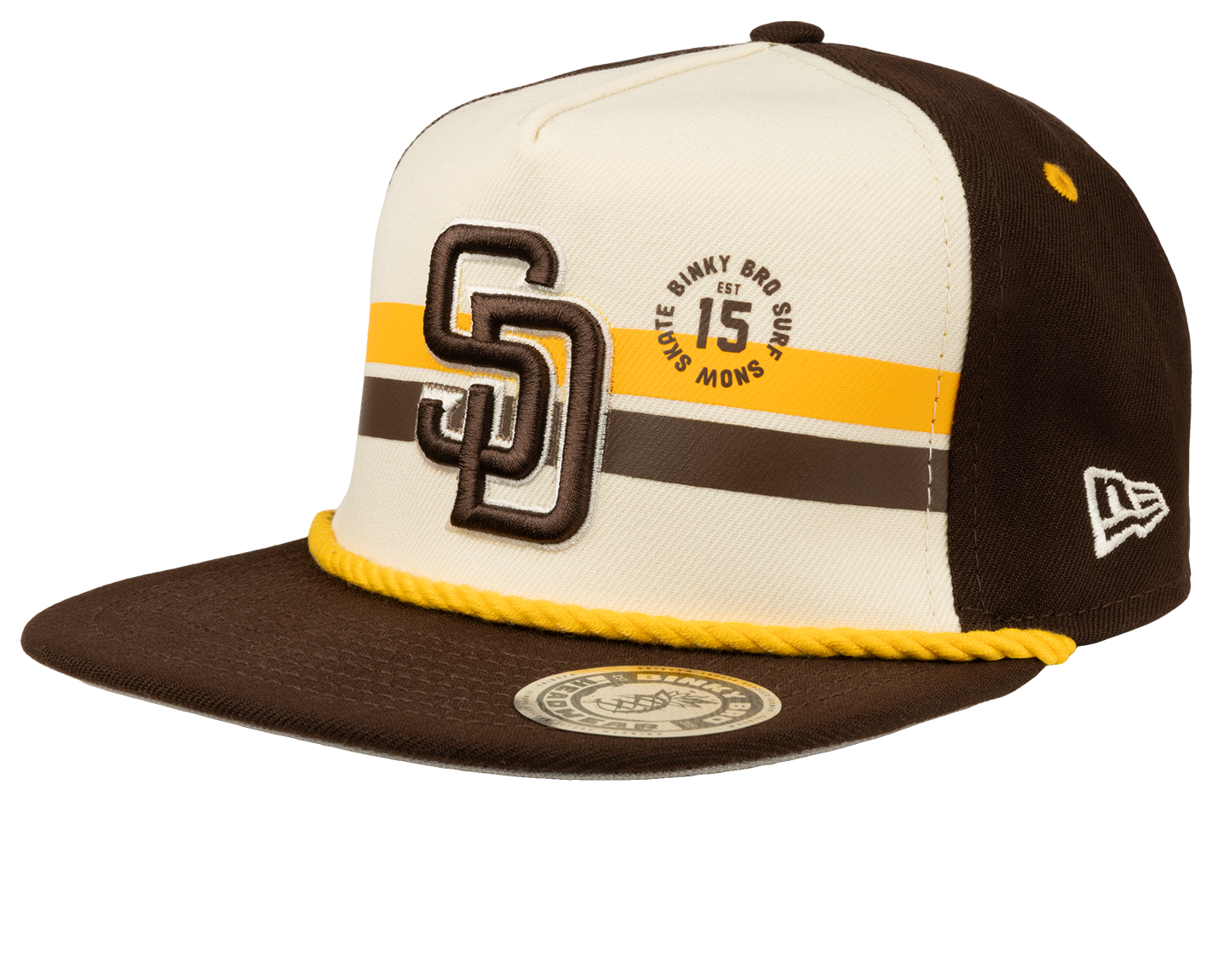 Stylish brown and cream snapback cap featuring San Diego logo, yellow accents, and braided rope detail. Perfect for kids.