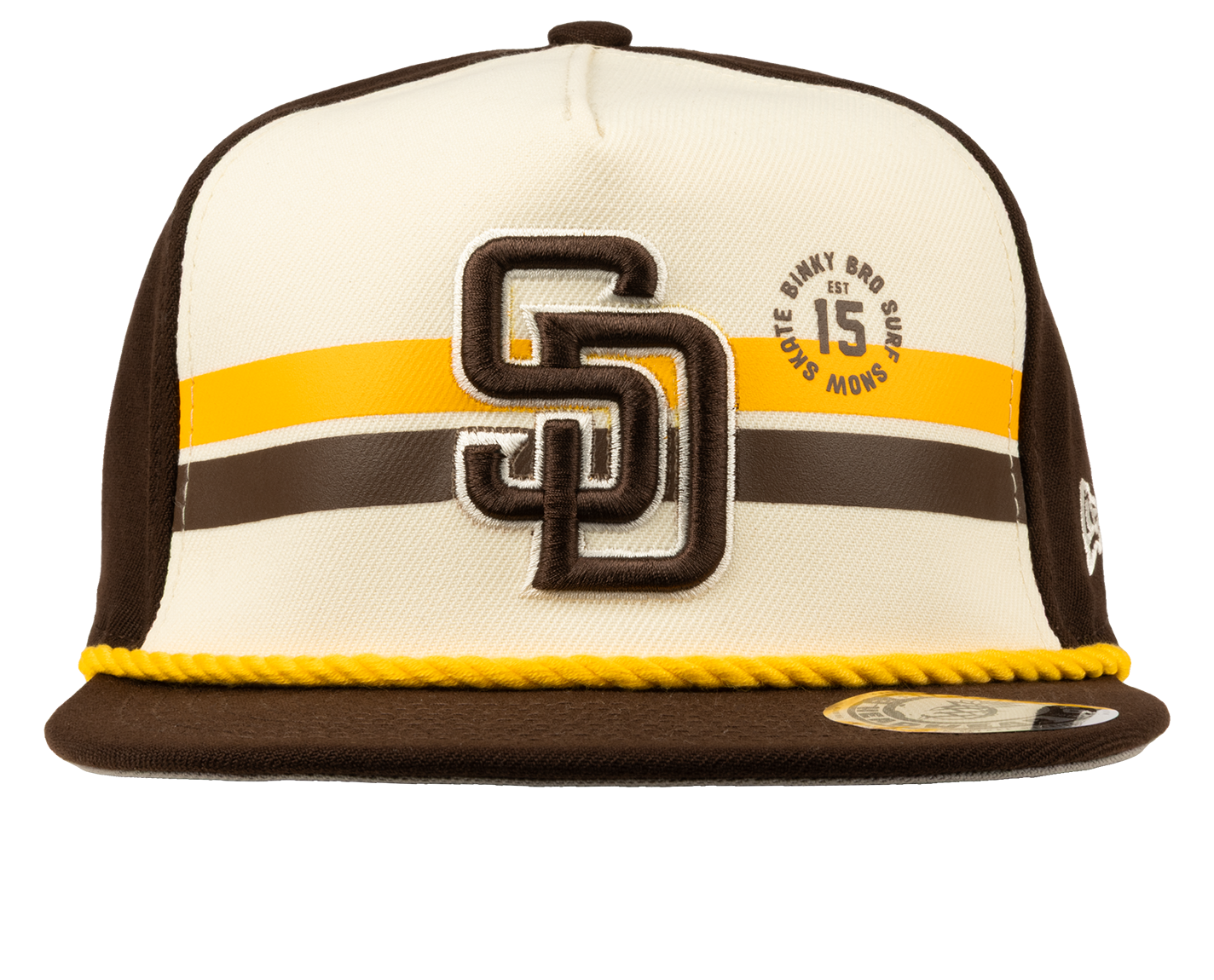 Stylish snapback hat featuring a cream and brown design with San Diego logo and yellow rope detail, perfect for kids.