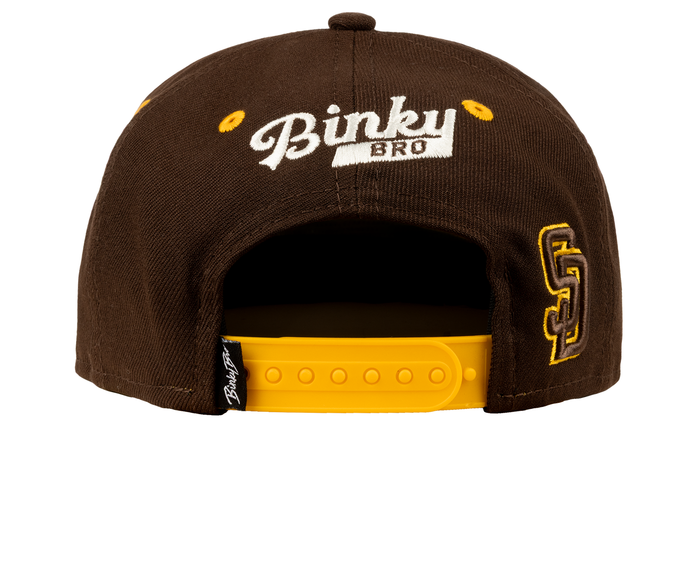 Brown snapback hat with yellow accents and "Binky Bro" logo on the back, designed for stylish youth apparel.