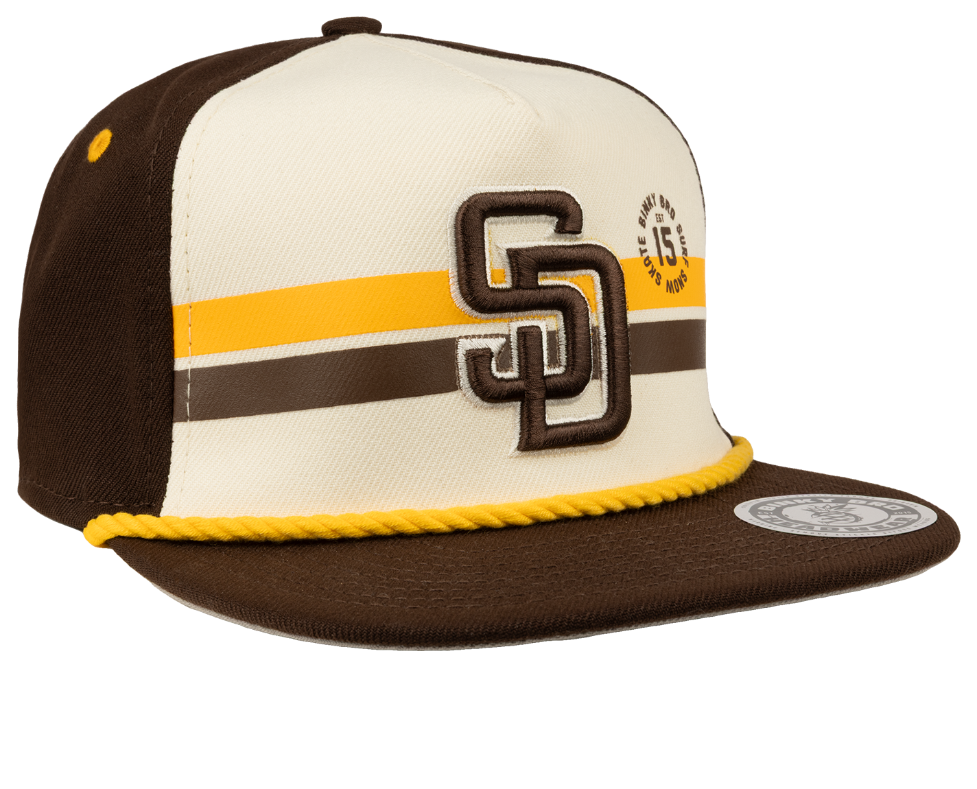 Stylish snapback hat featuring a cream and brown design with San Diego logo and yellow rope detail, perfect for kids.