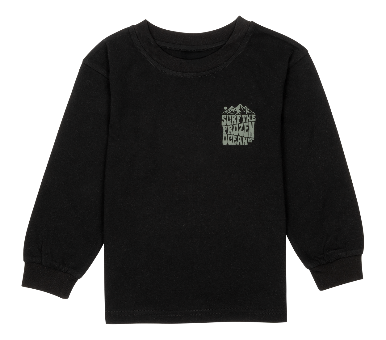 Black long-sleeve shirt featuring a mountain graphic and "Surf the Frozen Ocean" text, designed for kids.