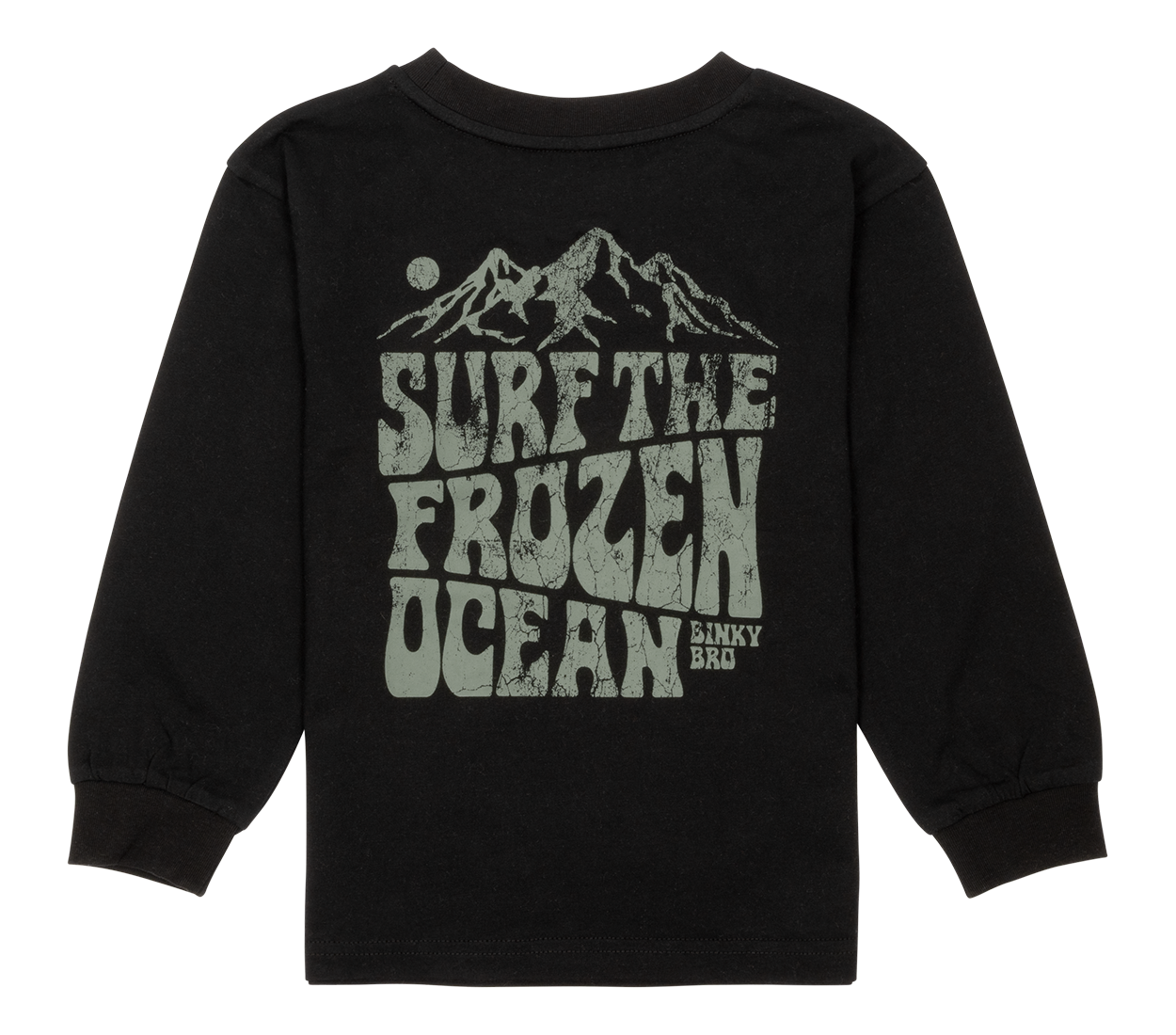 Black long-sleeve shirt featuring "Surf the Frozen Ocean" graphic with mountain design, perfect for active youth.