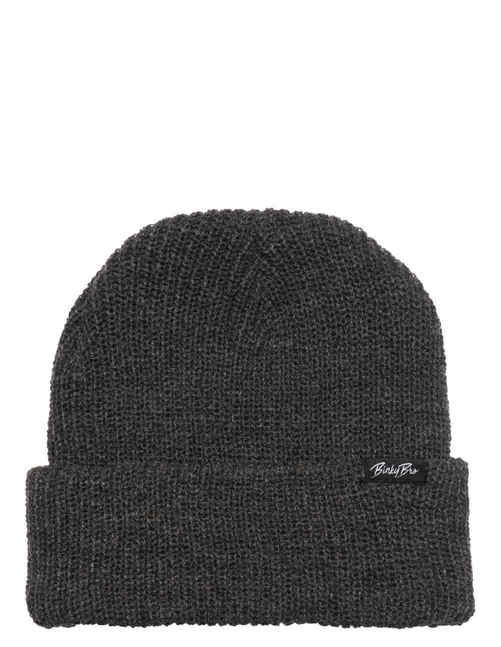Charcoal beanie hat with a folded cuff and BinkyBro logo, perfect for stylish warmth in cooler weather.
