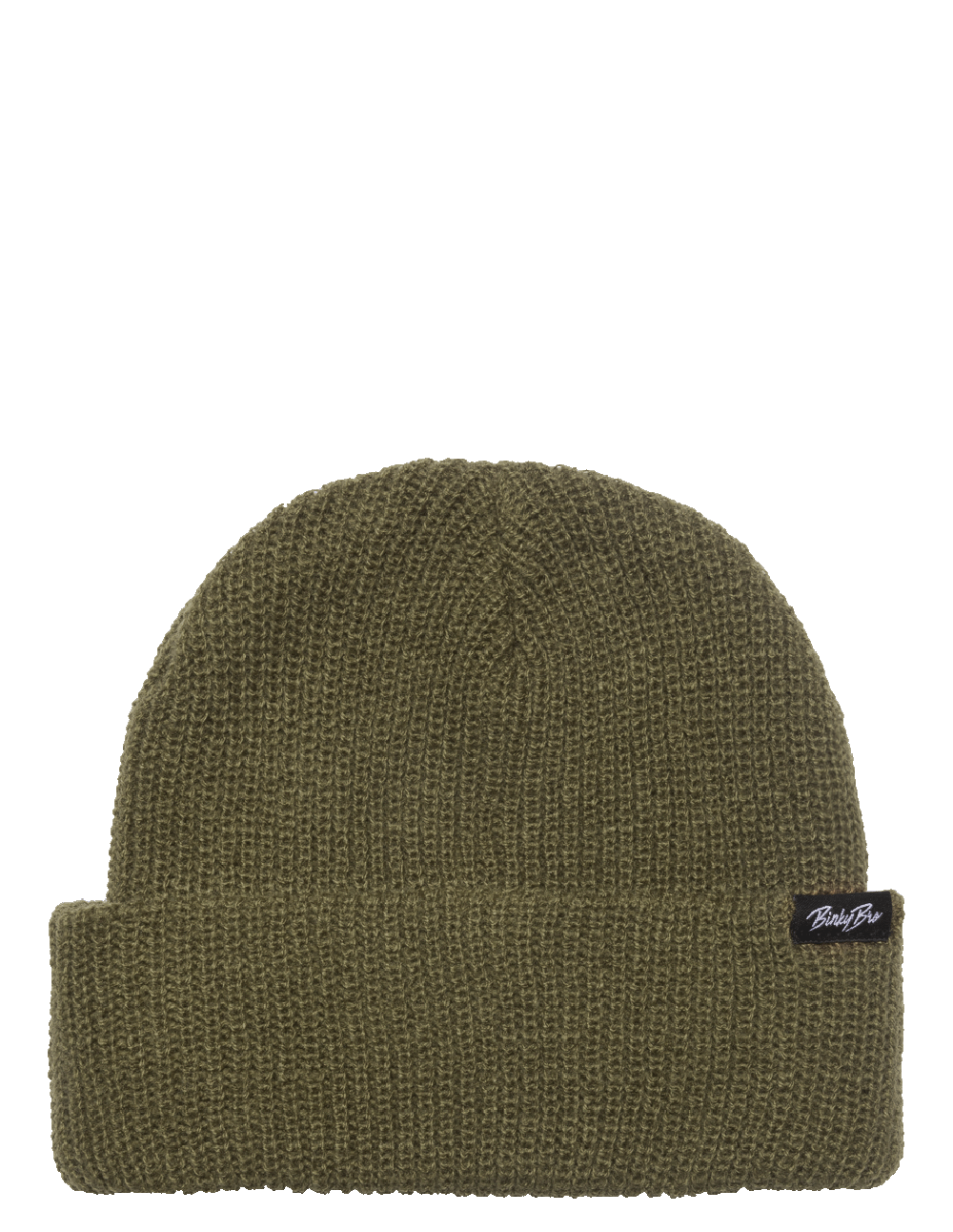 Olive green knit beanie with a folded cuff and a small branded tag, perfect for stylish warmth in cooler weather.