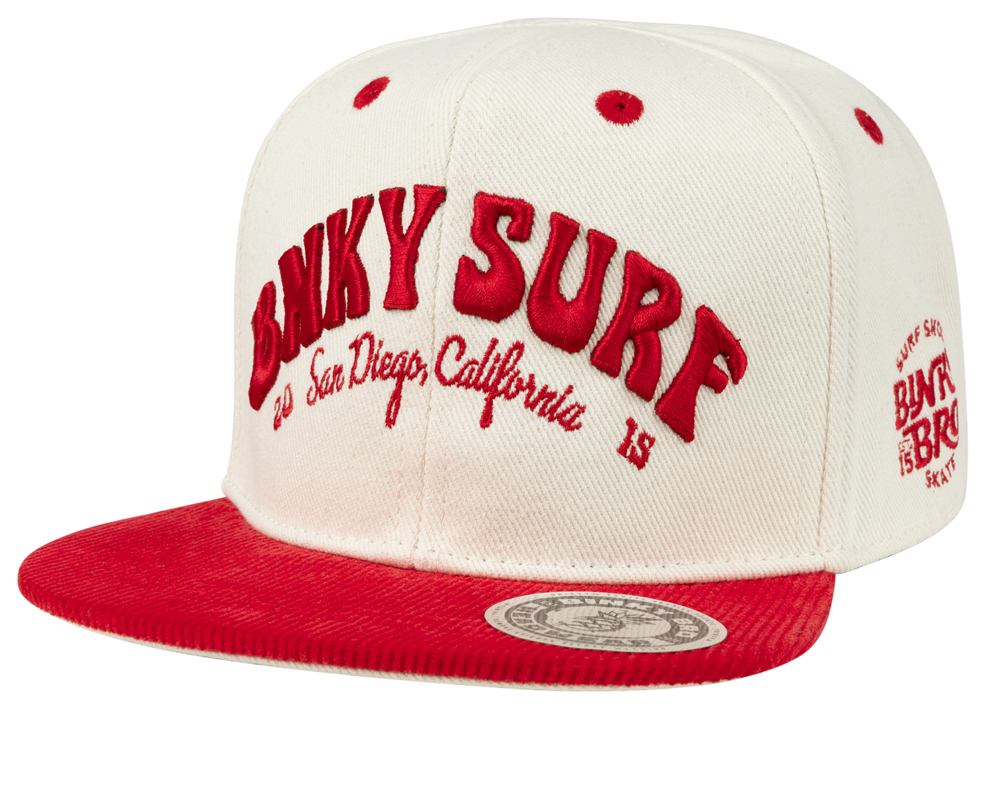 Stylish red and white snapback hat featuring "Binky Surf" embroidered on the front, perfect for young surf enthusiasts.