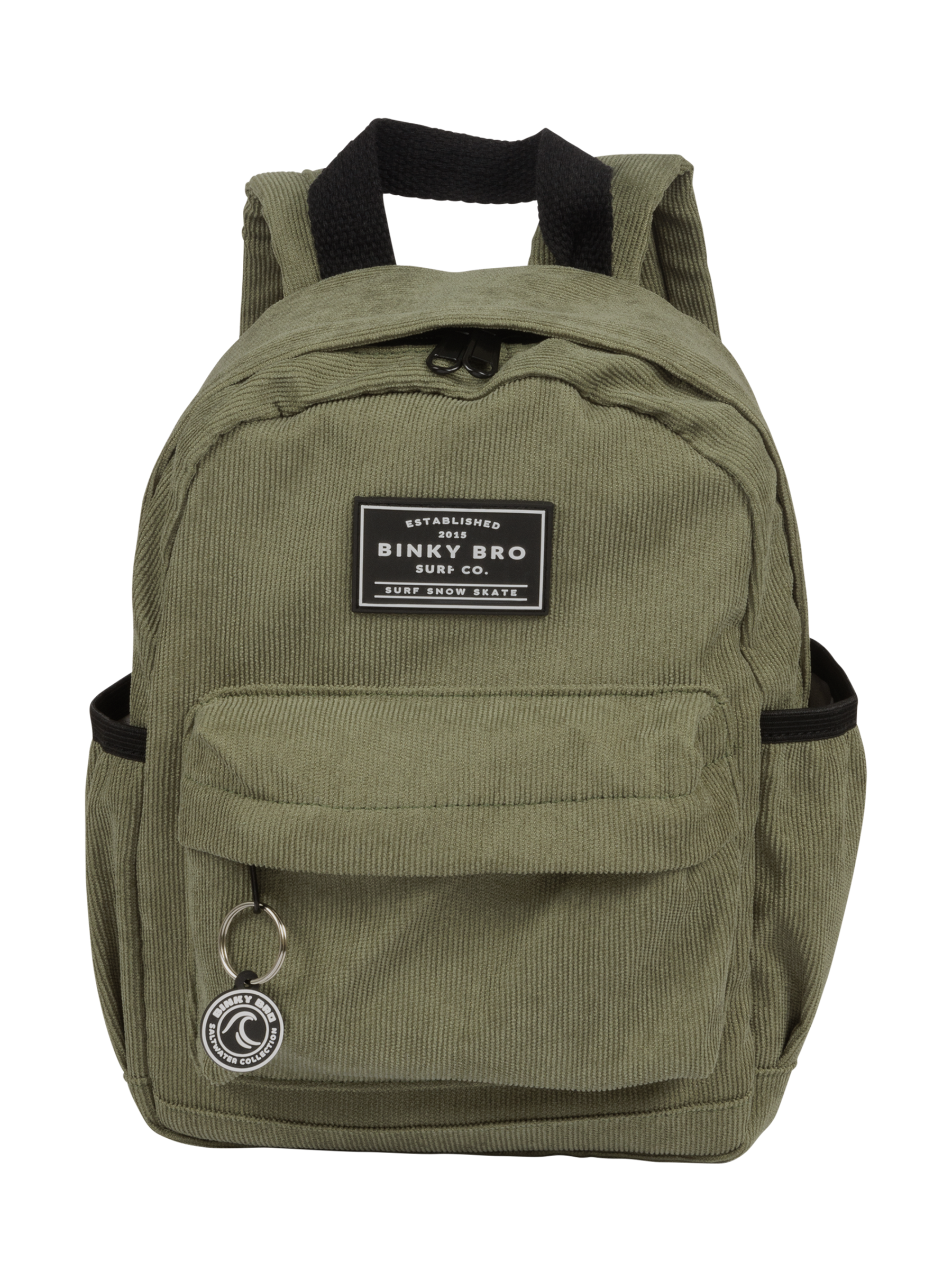 Sage corduroy backpack with front pocket and Binky Bro logo, designed for kids' stylish everyday use.