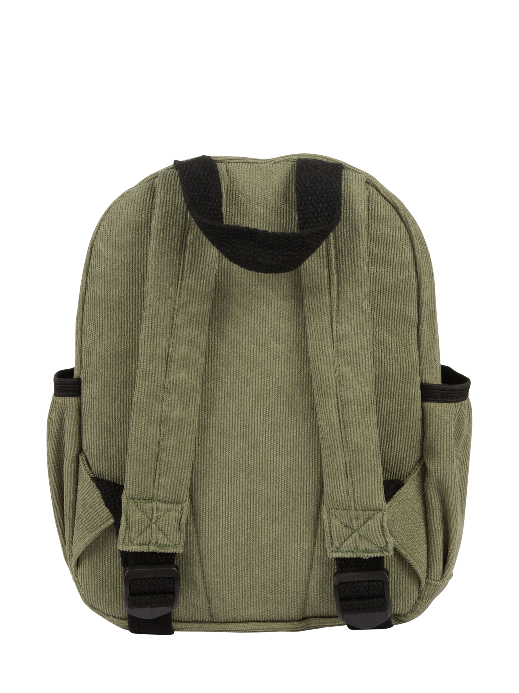 Sage corduroy backpack with black straps and side pockets, designed for stylish and functional use by kids.