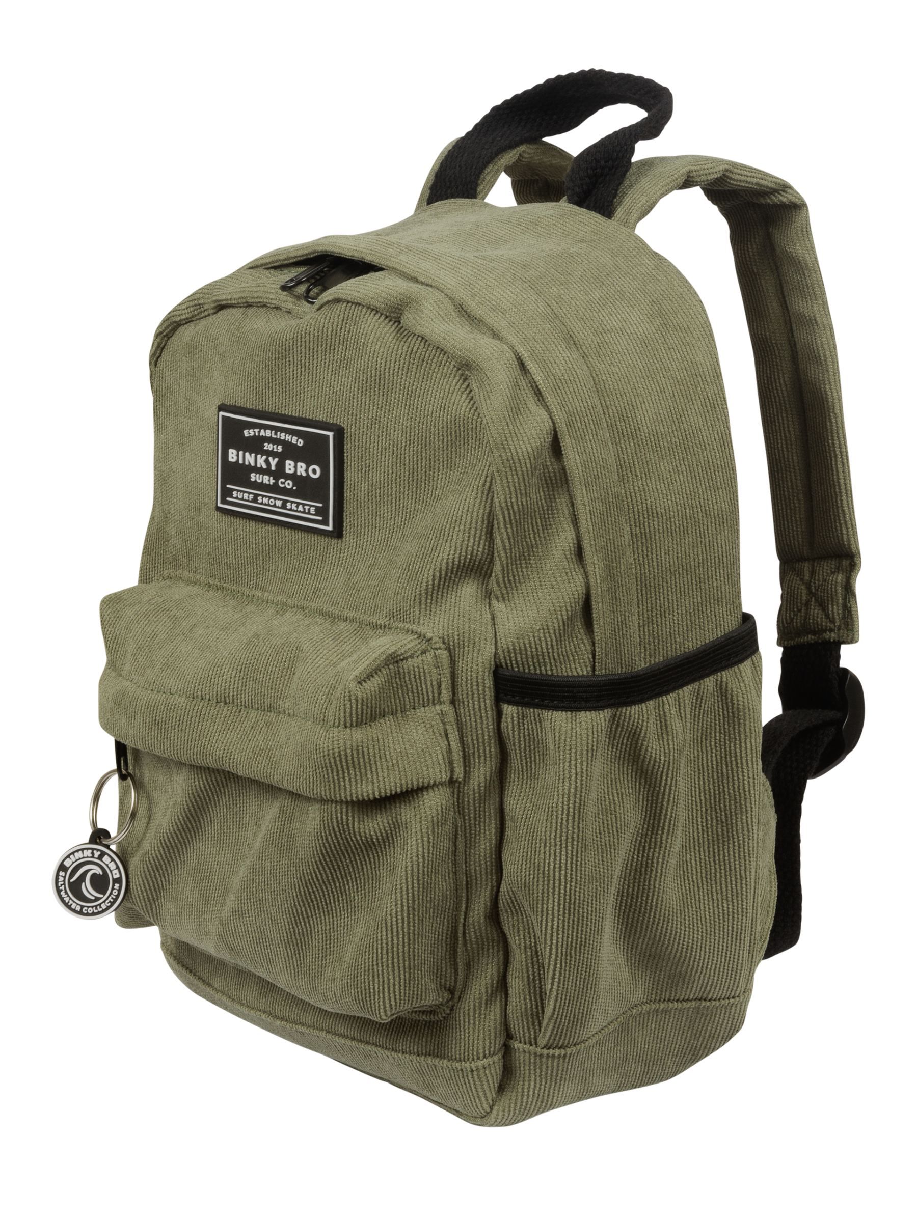 Sage corduroy backpack with a front pocket and adjustable straps, perfect for kids' everyday adventures.